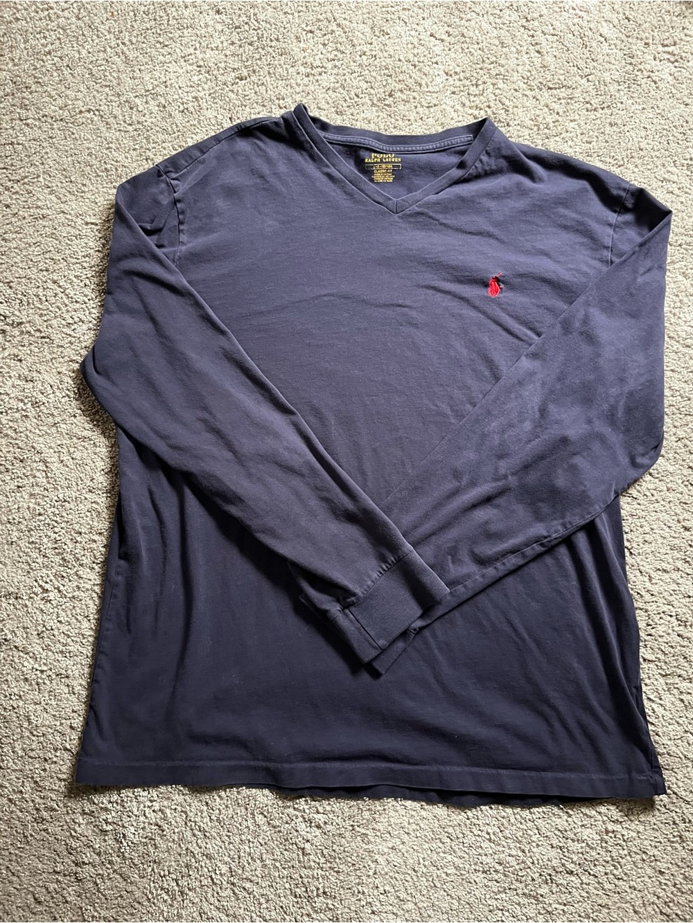 Polo by Ralph Lauren Navy V-Neck Long Sleeve Shirt with Red Pony - Men’s Size L
